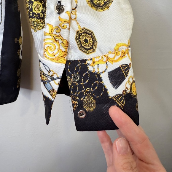 ZARA | Monogram Baroque Chain Pattern Button Front Collared Long Sleeve Blouse - Picture 11 of 16